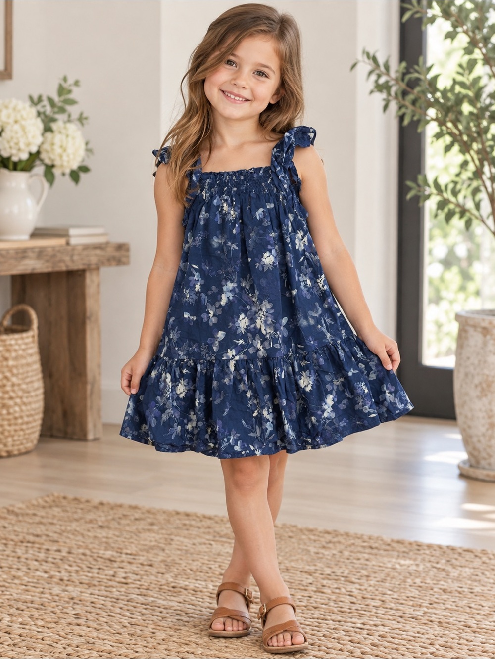 Baby Gap Girls 5Y Navy Blue Floral Smocked Ruffle Summer Dress Boho Cottagecore